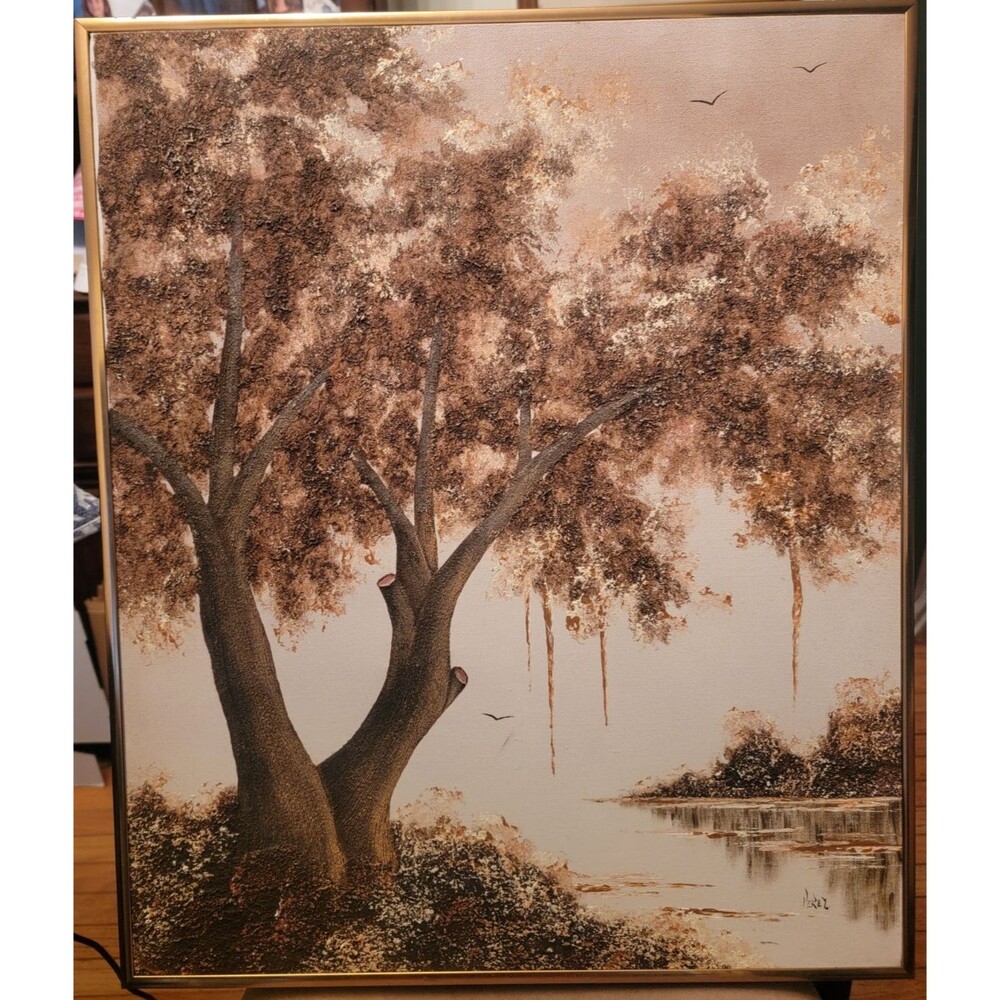 CHESTER LEWIS PEREZ VINTAGE ORIGINAL 3D RAISED OIL ON CANVAS LANDSCAPE PAINTING